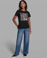 Karl Lagerfeld Paris Women's Checkboard Logo Crewneck Motif Top