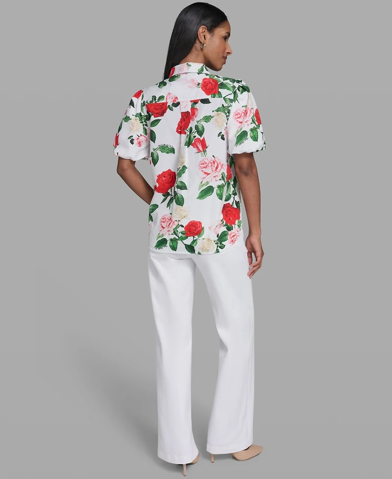 Karl Lagerfeld Paris Women's Printed Puff-Sleeve Collared Top
