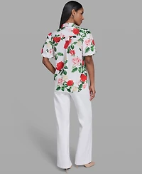 Karl Lagerfeld Paris Women's Printed Puff-Sleeve Collared Top