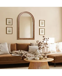 LuxenHome 39.4'' Arched Wall Mirror with Carved Rubberwood Frame, Modern Farmhouse Accent