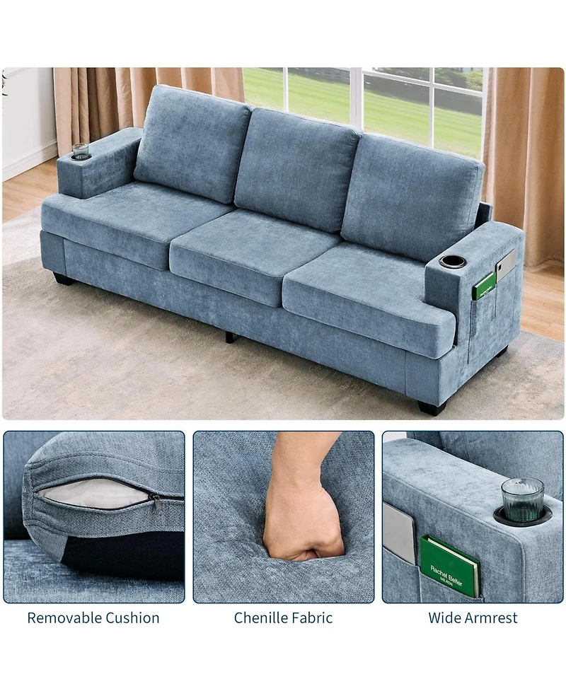 gaomon 89 Comfy Couches with Deep Seat, Modern 3-Seater Sofa Cup Holders and Side Storage Pockets for Living Room Apartment Lounge