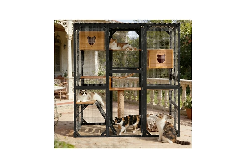 Zeus & Ruta Fir Wood Outdoor Cat Enclosure With Sleeping House Jumping Platforms And Secure Doors