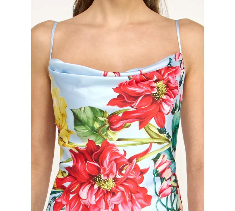 B Darlin Juniors' Cowl Neck Printed Spaghetti Straps Satin Gown