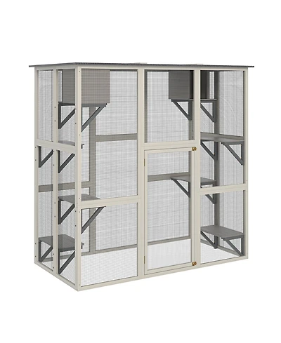 Zeus & Ruta Outdoor Weatherproof Cat Enclosure with Asphalt Roof 6 Platforms 2 Boxes Solid Wood Kennel Condo Playpen