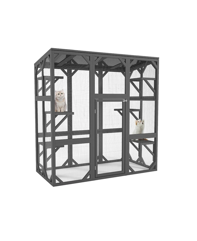 Zeus & Ruta Large Cat Haven with Elevated Sleeping Platform, 71" Wooden Frame with Asphalt Roof, Indoor/Outdoor Enclosure with Wheels