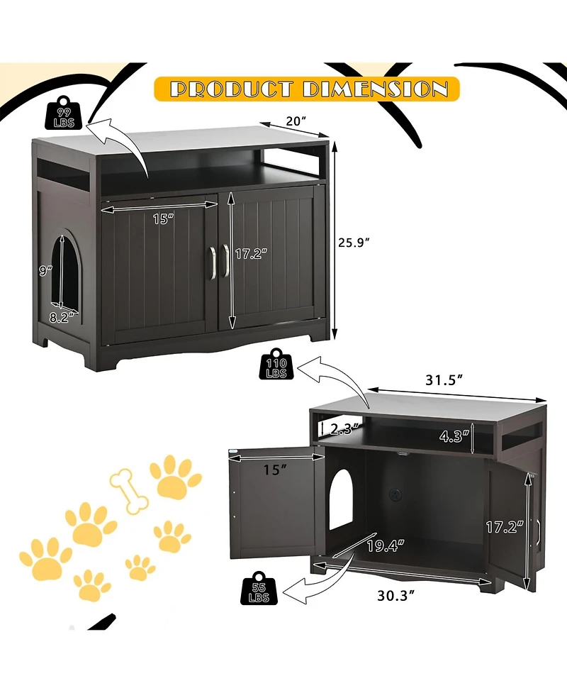 Zeus & Ruta Litter Box Enclosure with Hidden Plug 2 Doors Large Wooden Cat Washroom Bench