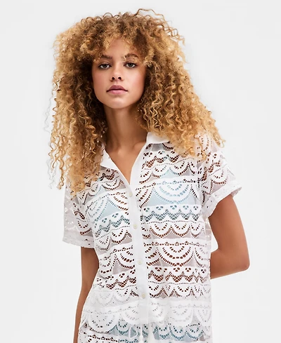 Miken Women's Crochet Swim Cover Up Camp Shirt, Macy's Exclusive