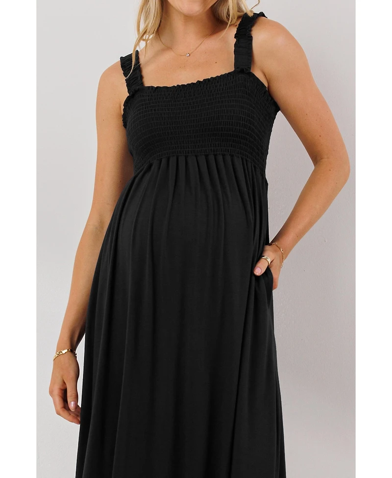 Hello Miz Maternity Smocked Bodice Sleeveless Dress with Ruffle Straps