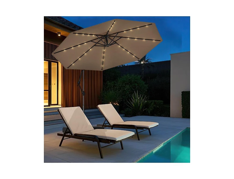 Clihome 10 Feet Solar Offset Hanging Umbrella with Base and 32 Led