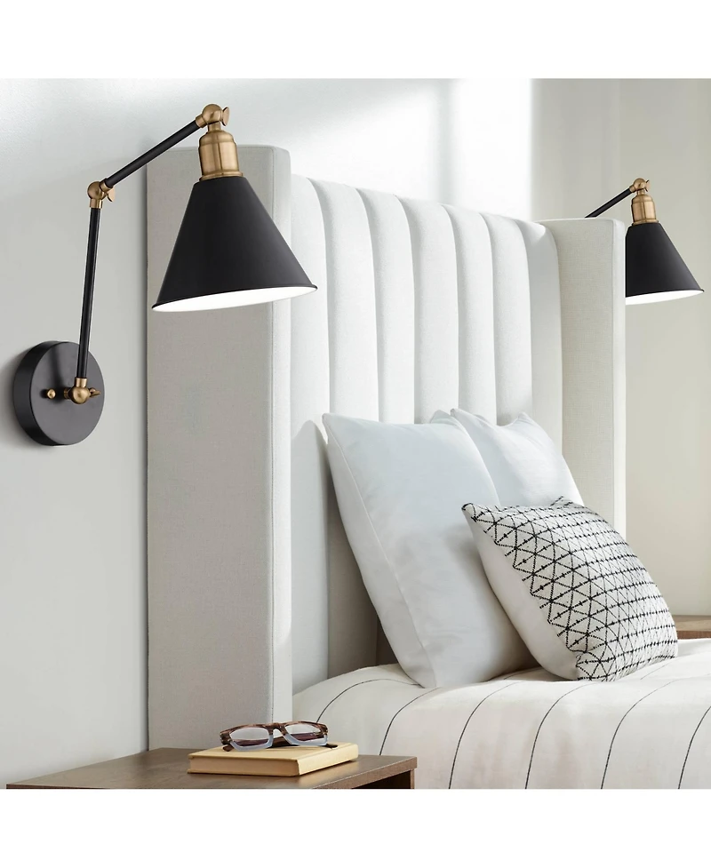 360 Lighting Wray Modern Wall Lamps Set of 2 Painted Black Brass Hardwire Light Fixture Adjustable Arm Metal Cone Shade for Bedroom Reading