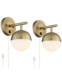 360 Lighting Luna Modern Wall Lamps Set of 2 Brass Metal Plug-in Light Fixture Frosted Glass Shade for Bedroom Reading Living Room Hallway Home