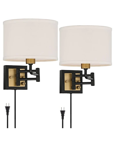 360 Lighting Joelle Modern Swing Arm Wall Lamps Set of 2 Brass Black Plug-in Light Fixture Fabric Drum Shade for Bedroom Bedside Living Room Reading