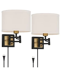 360 Lighting Joelle Modern Swing Arm Wall Lamps Set of 2 Brass Black Plug-in Light Fixture Fabric Drum Shade for Bedroom Bedside Living Room Reading