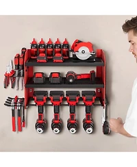 Mecale Wall-Mount Power Tool Organizer, 3-Tier Storage Rack with 4 Drill Holders, Side Pegboards, Garage Tool Storage Rack