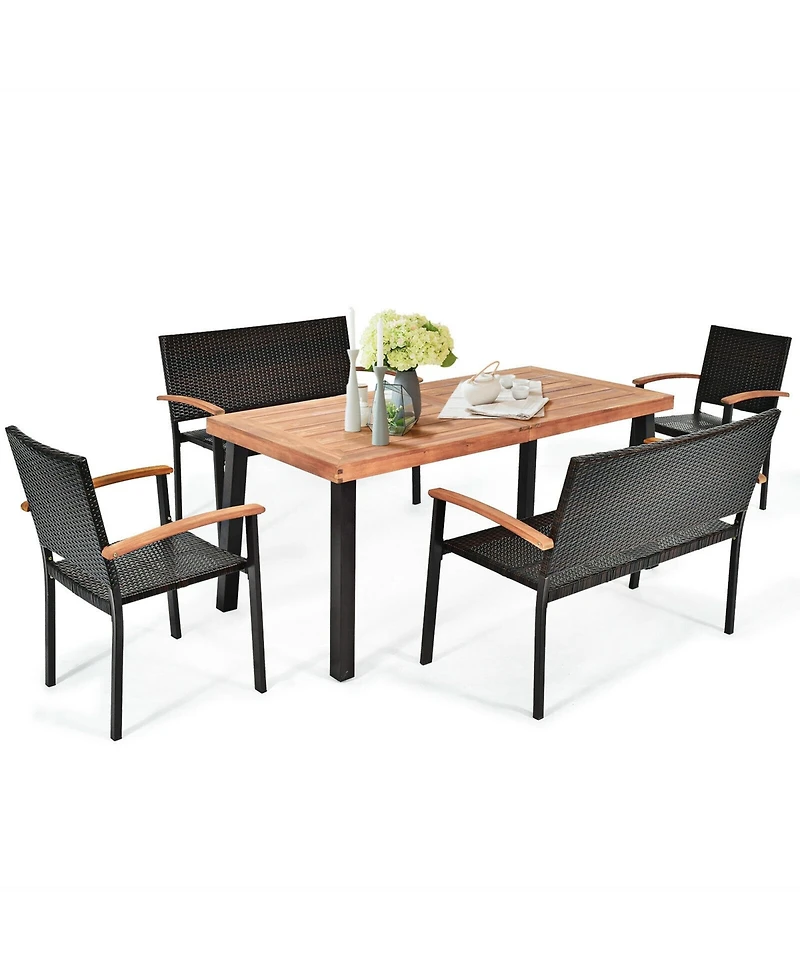 Gymax 5PCS Patio Rattan Dining Set Acacia Wood Tabletop Stackable Chair Bench