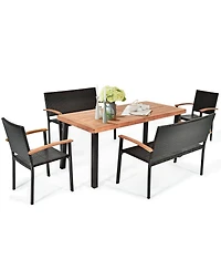 Gymax 5PCS Patio Rattan Dining Set Acacia Wood Tabletop Stackable Chair Bench