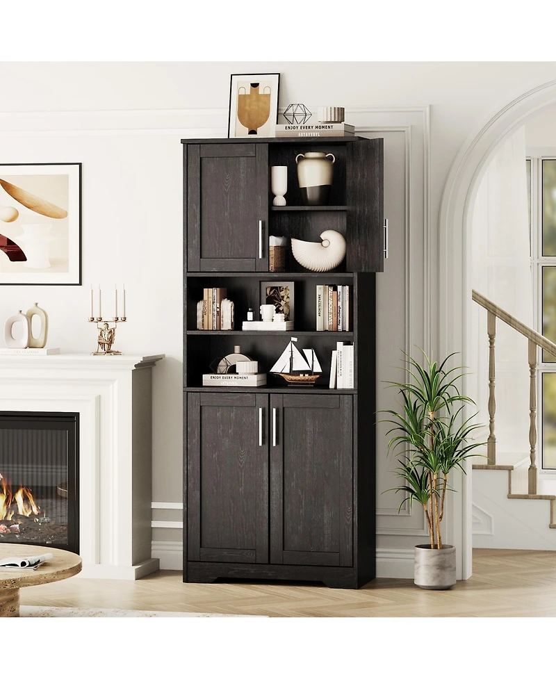 homfan 67" Tall Bathroom Cabinet, Freestanding Wooden Storage with 4 Doors, 2 Open Compartments, Adjustable Shelves, Microwave Stand