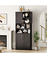 homfan 67" Tall Bathroom Cabinet, Freestanding Wooden Storage with 4 Doors, 2 Open Compartments, Adjustable Shelves, Microwave Stand