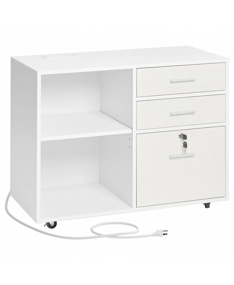 Gouun 3 Drawer Wooden File Cabinet, Mobile Filing Cabinet with Light Strip, Lockable Rolling File Storage with Adjustable Shelves and 5 Wheels, Free