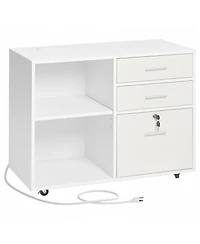 Gouun 3 Drawer Wooden File Cabinet, Mobile Filing Cabinet with Light Strip, Lockable Rolling File Storage with Adjustable Shelves and 5 Wheels, Free