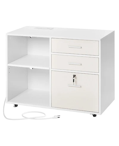 Gouun 3 Drawer Wooden File Cabinet, Mobile Filing Cabinet with Light Strip, Lockable Rolling File Storage with Adjustable Shelves and 5 Wheels, Free