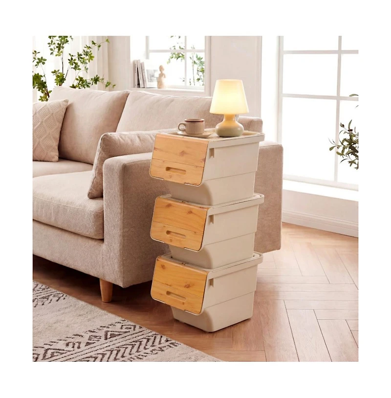 Gouun 3 Pieces Storage Bins on Wheels Stackable Plastic Boxes with Stay-Open Lid Small