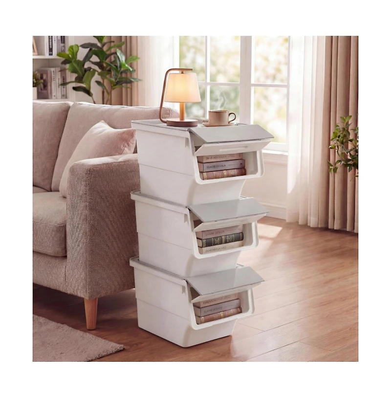 Gouun 3 Pieces Storage Bins on Wheels Stackable Plastic Boxes with Stay-Open Lid Medium