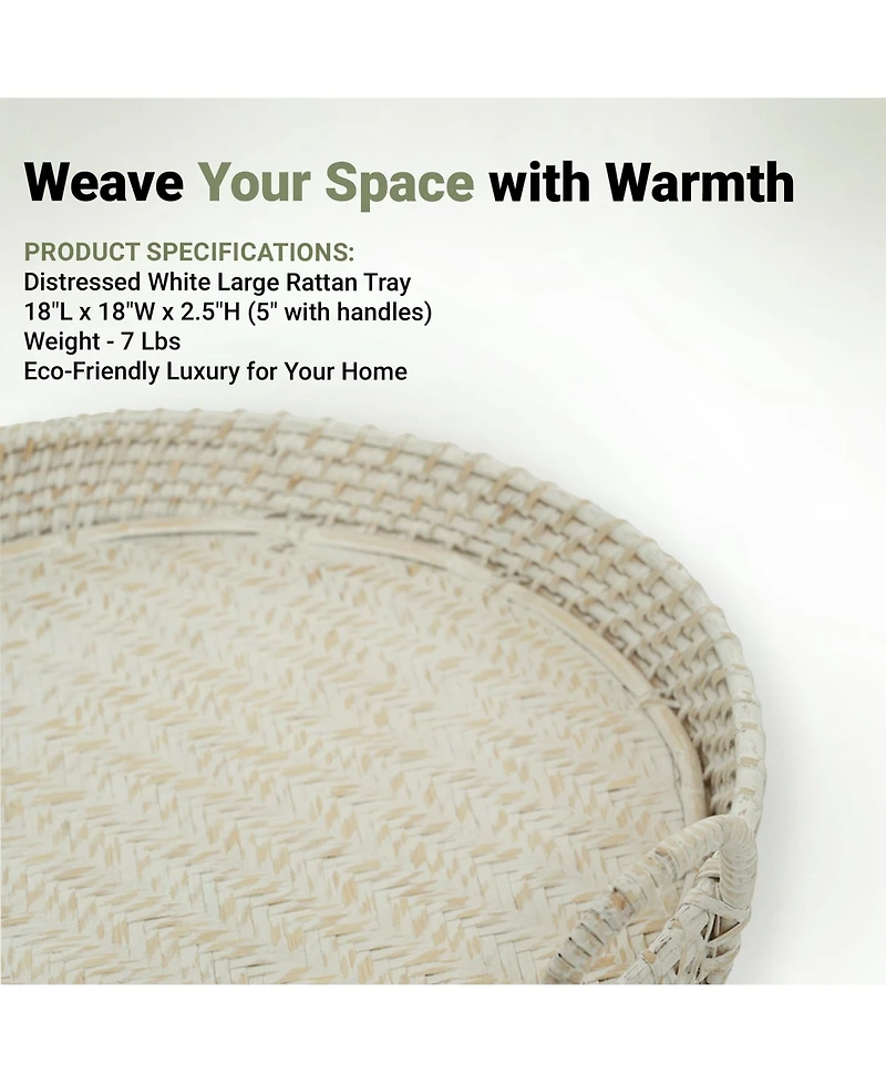 Wicker Village Round Rattan Serving Tray with Handles | Handmade Woven Cane Basket Tray for Coffee Table | Large 18x18 in | White