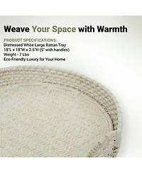 Wicker Village Round Rattan Serving Tray with Handles | Handmade Woven Cane Basket Tray for Coffee Table | Large 18x18 in | White