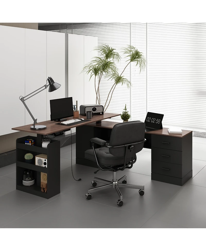 Homsee 63 In. Electric Standing Desk with Drawers and Shelves,Adjustable Height Desk, L-Shaped Design