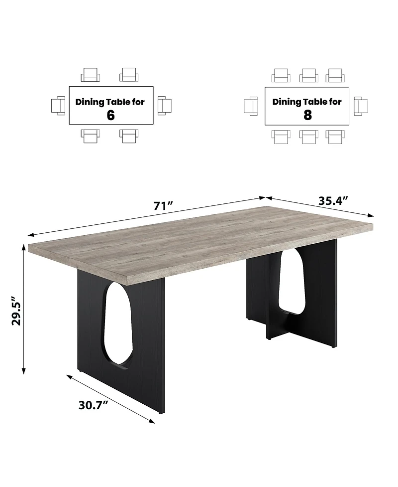 homfan Modern Rectangular Dining Table for 6-8, 71" Wooden Tabletop, Metal Pedestal Legs, Rustic Farmhouse Style, Home, Apartment, Conference Room