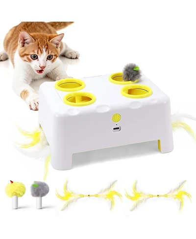 Aronkl Cheese Box Interactive Cat Toy 3-in-1 Whack A Mole 3 Modes Rechargeable Auto 4 Holes Accessories