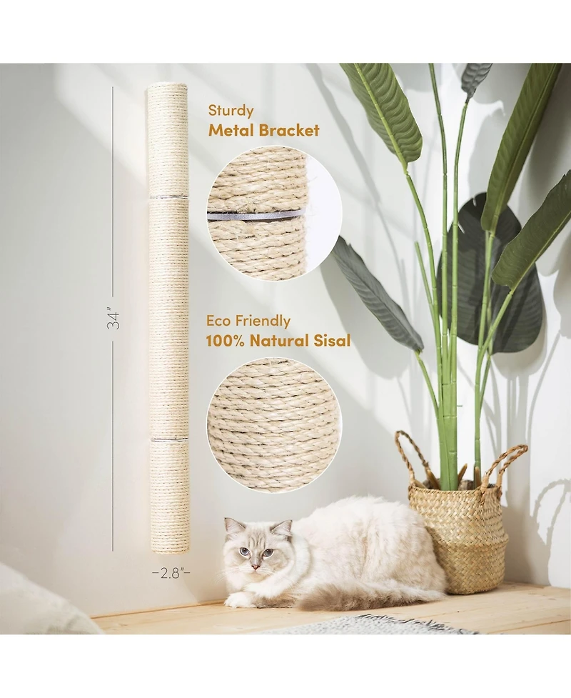 Aronkl 34" Wall Mounted Cat Scratcher Extra Tall Vertical Sisal Sturdy Aluminum Brackets Modern Space Saving Patented Design
