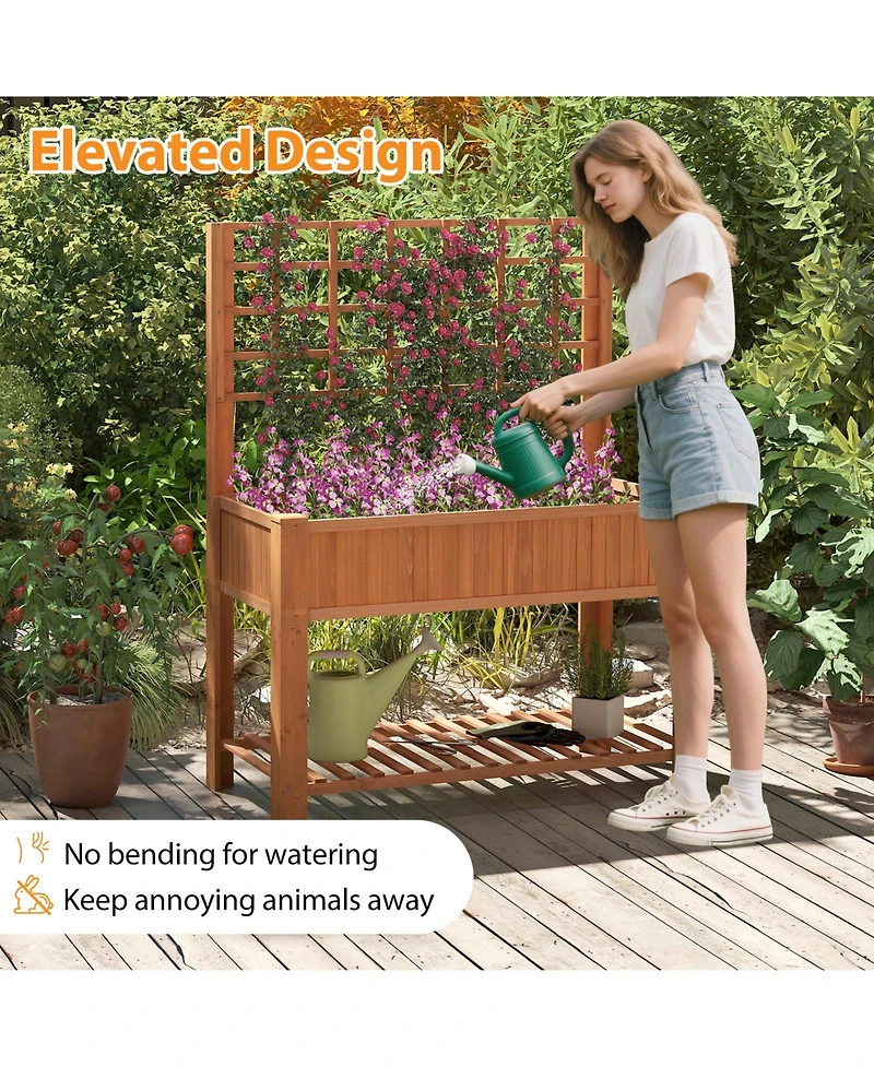 Gouun Fir Wood Raised Garden Bed with Trellis and Storage Shelf, 45 x 23 x 59 in Elevated Planter