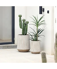 LuxenHome 16.1-Inch Round Brown and White Striped MgO Planter