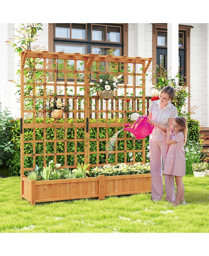Gouun 71 in Wooden Planter with Trellis and Hanging Roof, 3-in-1 Fir Wood Garden Station