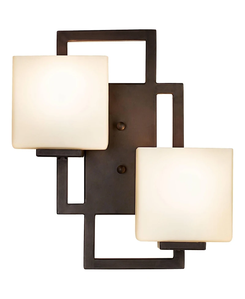 Possini Euro Design Modern Wall Light Sconces Set of 2 Bronze Hardwired High 2-Light Fixture Square Opal Glass for Bedroom