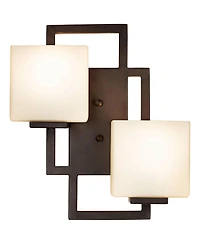 Possini Euro Design Modern Wall Light Sconces Set of 2 Bronze Hardwired High 2-Light Fixture Square Opal Glass for Bedroom