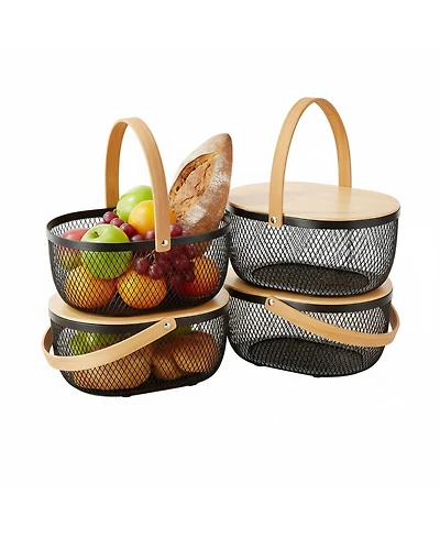 Yigii 4 Stackable Metal Mesh Fruit Baskets With Lids Oval Wire Storage Handles Pantry Organizer For Kitchen Vegetables