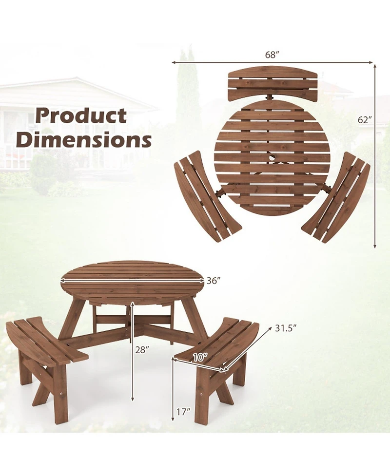 Gouun 6-Person Round Picnic Table Set with 3 Built-in Benches and Umbrella Hole