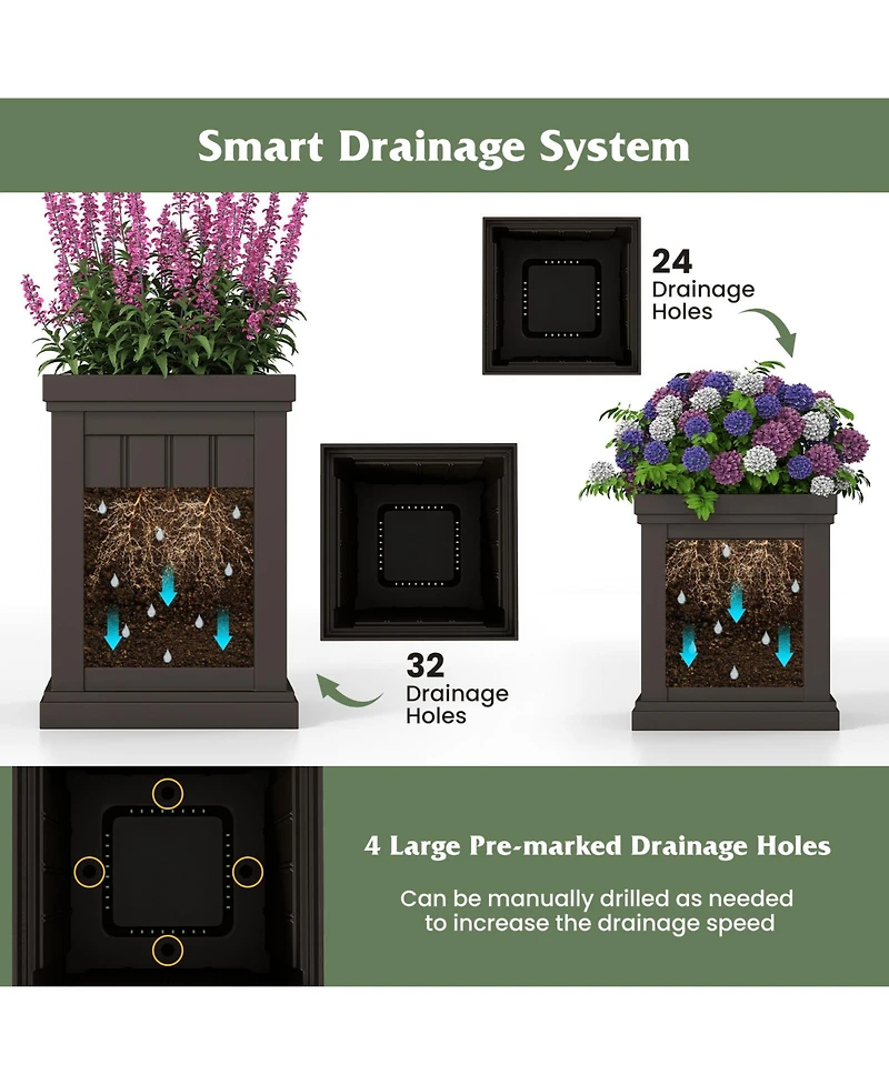 Gouun Square Plastic Planter Pots Set of 2 with Drainage Holes and Nesting Storage Design