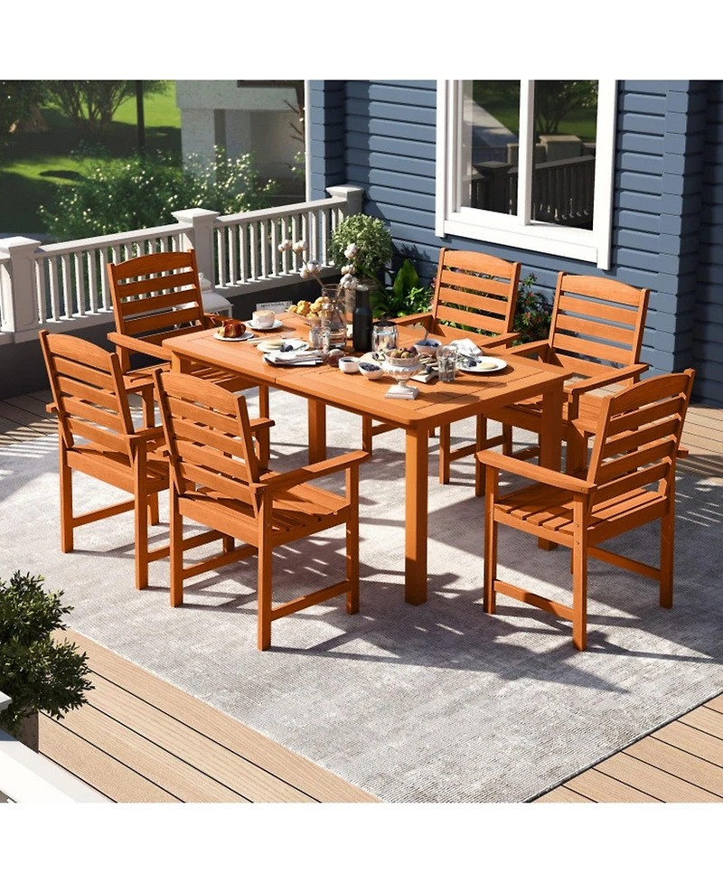 Gouun 7-Piece Teak Oil Finish Patio Dining Set with Slatted Table and 6 Armchairs