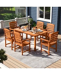 Gouun 7-Piece Teak Oil Finish Patio Dining Set with Slatted Table and 6 Armchairs