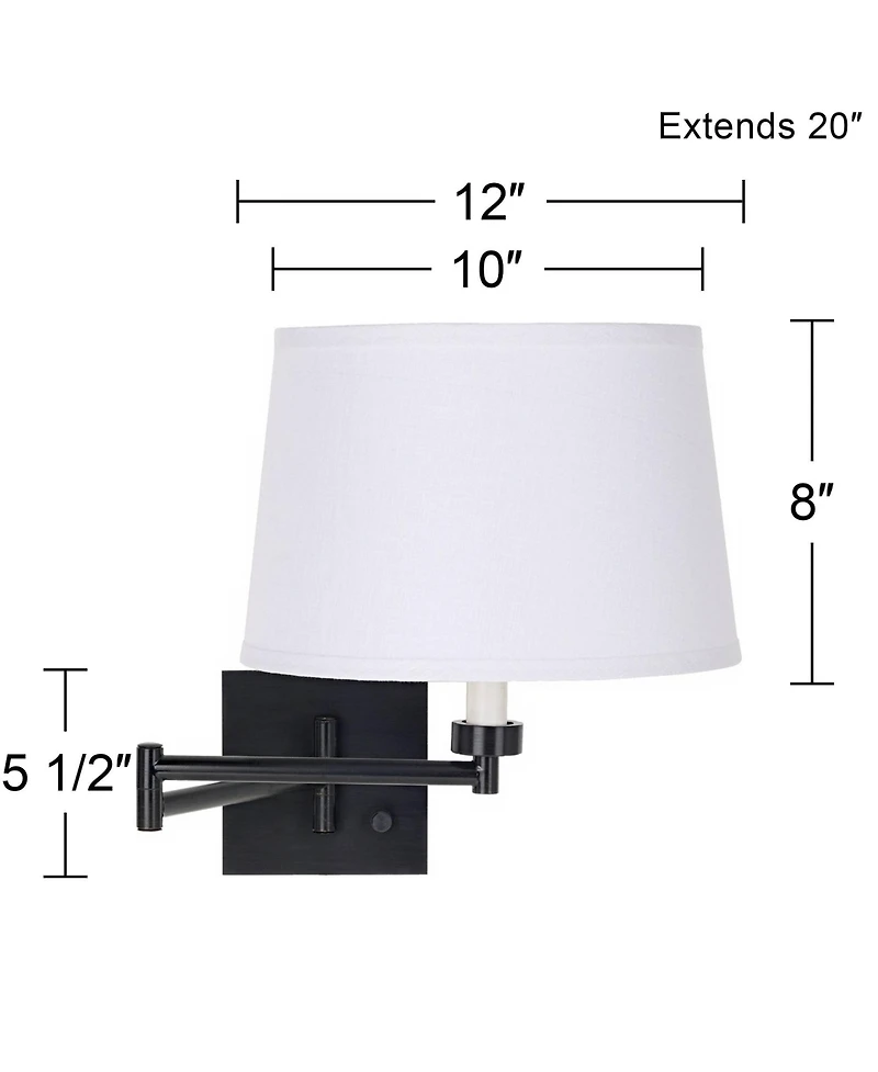 Franklin Iron Works Modern Swing Arm Wall Lamp Espresso Plug-In Light Fixture Linen Drum Shade for Bedroom Bedside Reading