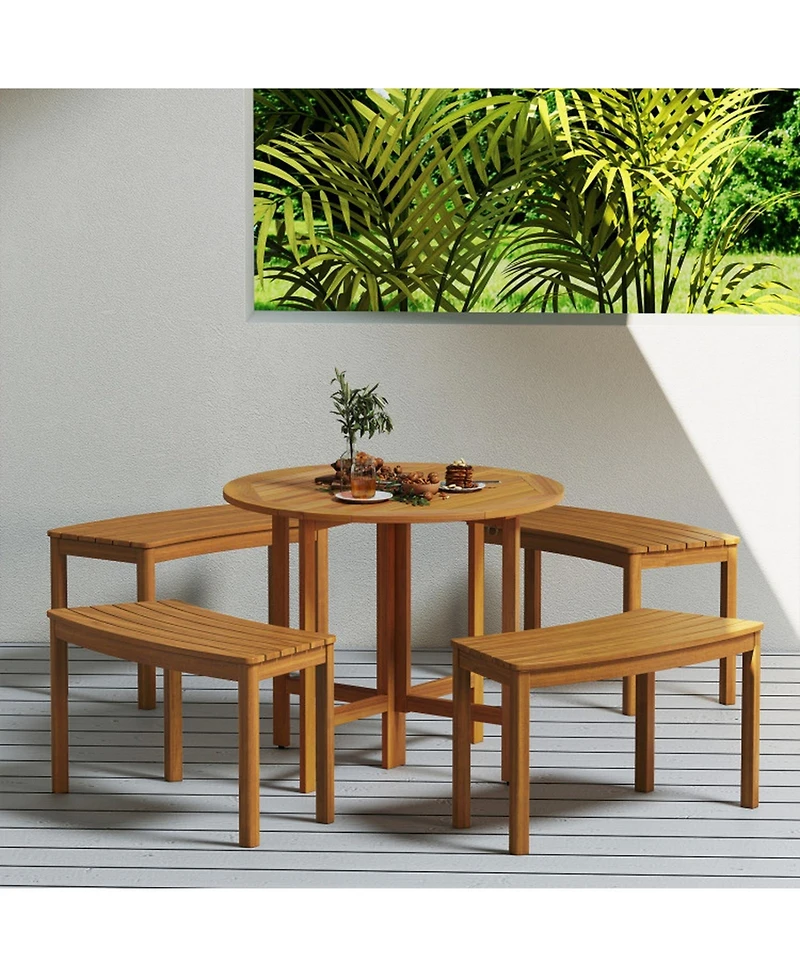 Gouun Curved Acacia Wood Bench Set of 4 for Fire Pit and Tree Surround