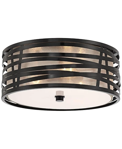 Possini Euro Design Cassia Modern Industrial Ceiling Light Flush Mount Fixture 15" Gloss Black 3-Light Champagne Shade for Bedroom House