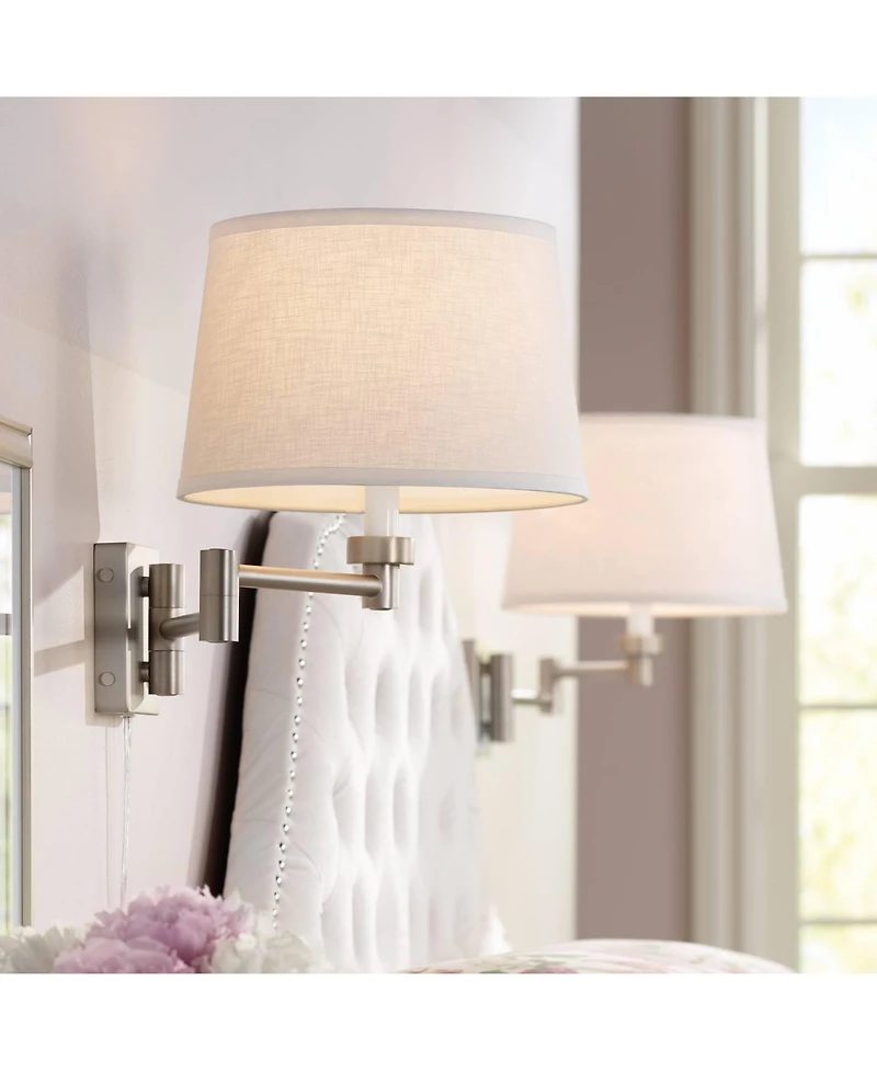 Possini Euro Design Modern Swing Arm Wall Lamps Set of 2 Brushed Nickel Plug-In Light Fixture White Drum Shade for Bedroom Bedside