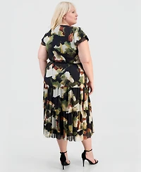Anne Klein Plus Printed Tiered V-Neck Midi Dress