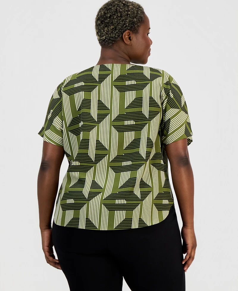 Anne Klein Plus Printed Boat-Neck Short-Sleeve Top