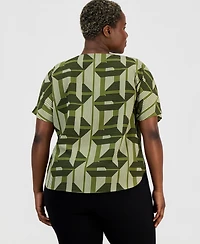 Anne Klein Plus Printed Boat-Neck Short-Sleeve Top